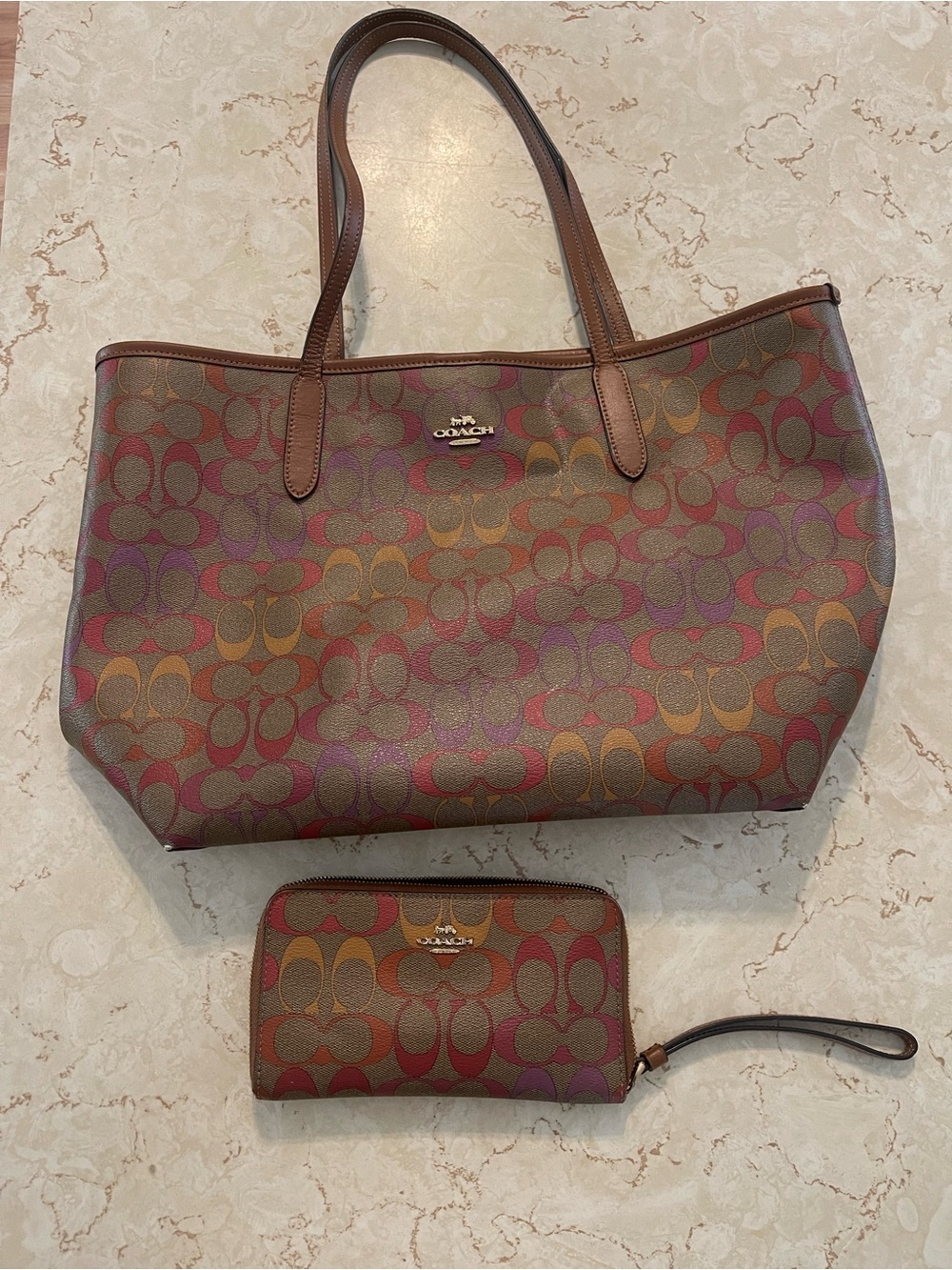 Coach Multicolor Signature Tote with Matching Wristlet - Brown Trim